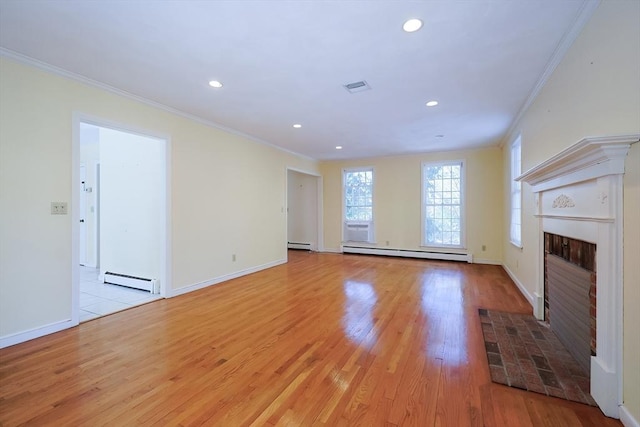 unfurnished living room featuring crown molding, a baseboard radiator, and light hardwood / wood-style floors