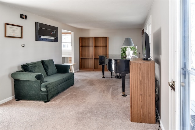 living area with light colored carpet