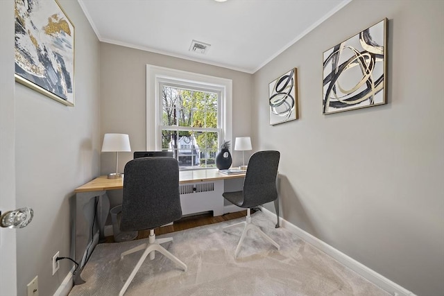 office space featuring baseboards, ornamental molding, radiator heating unit, and visible vents