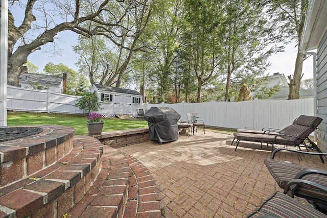 view of patio featuring a fenced backyard, an outbuilding, a shed, and grilling area