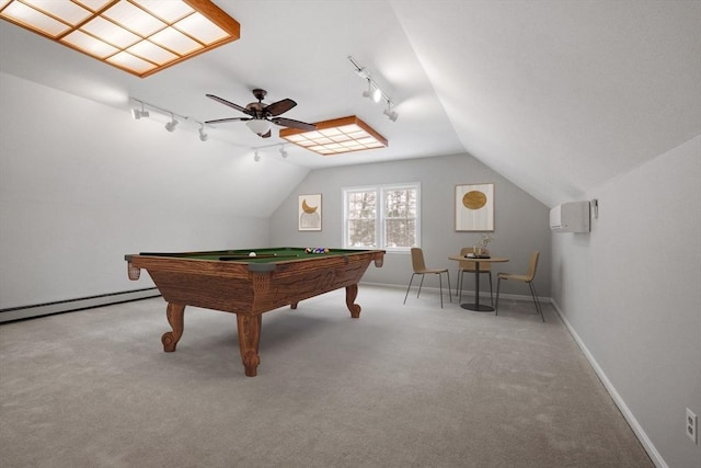 recreation room with baseboards, vaulted ceiling, baseboard heating, carpet flooring, and a ceiling fan