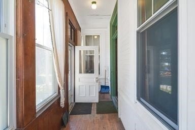 doorway to outside with dark wood-type flooring and wood walls