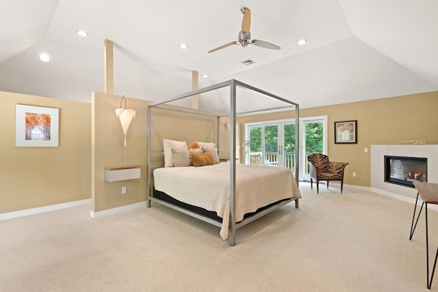 28 Elm St, Berkley, MA 02779 - carpeted bedroom with lofted ceiling, a glass covered fireplace, recessed lighting, ceiling fan, and access to outside