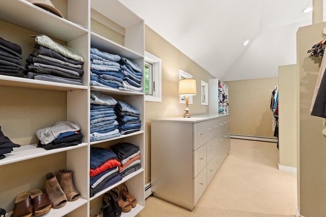 28 Elm St, Berkley, MA 02779 - walk in closet with a baseboard heating unit, light colored carpet, and lofted ceiling