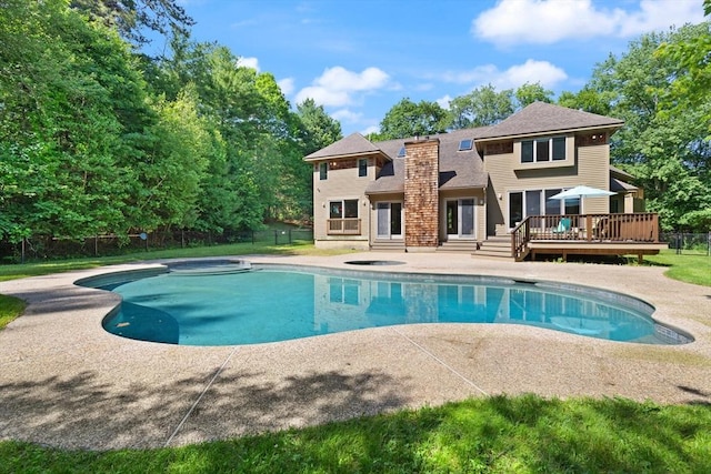 28 Elm St, Berkley, MA 02779 - outdoor pool featuring a wooden deck, an in-ground hot tub, and a patio