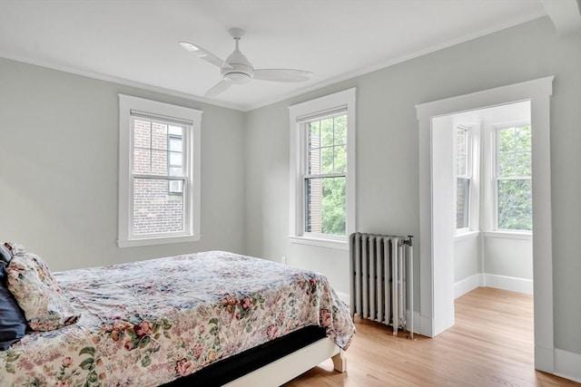 137 Freeman St Unit 3A, Brookline, MA 02446 - bedroom featuring radiator heating unit, crown molding, light wood-style flooring, baseboards, and ceiling fan