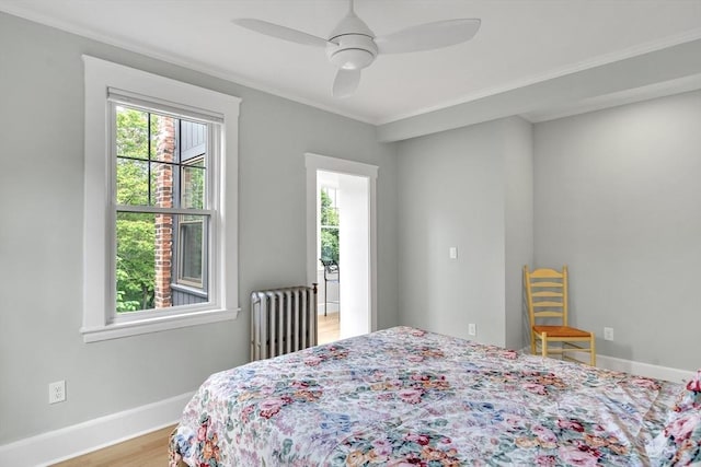 137 Freeman St Unit 3A, Brookline, MA 02446 - bedroom with radiator heating unit, baseboards, wood finished floors, ornamental molding, and ceiling fan