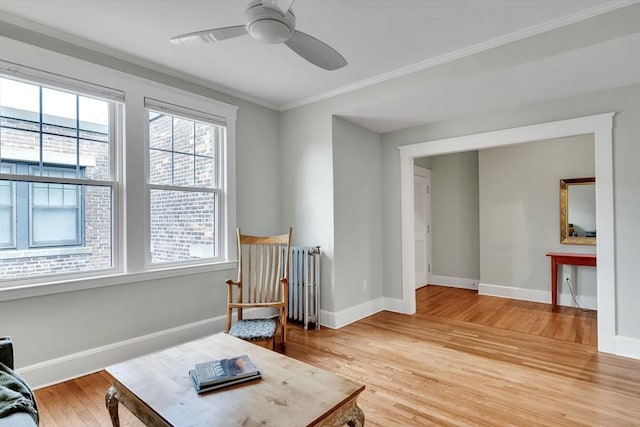 137 Freeman St Unit 3A, Brookline, MA 02446 - living area featuring baseboards, light wood-style floors, ceiling fan, and ornamental molding
