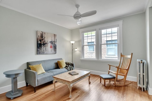 137 Freeman St Unit 3A, Brookline, MA 02446 - living area featuring radiator heating unit, light wood-style flooring, ceiling fan, baseboards, and ornamental molding