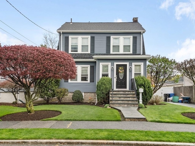 55 Bruce Rd, Waltham, MA 02453 - view of front of property featuring a chimney and a shingled roof