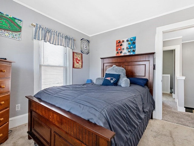 55 Bruce Rd, Waltham, MA 02453 - bedroom with light colored carpet, ornamental molding, baseboards, and radiator heating unit