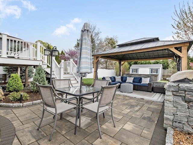 55 Bruce Rd, Waltham, MA 02453 - view of patio / terrace with stairs, a gazebo, outdoor dining space, an outbuilding, and an outdoor hangout area