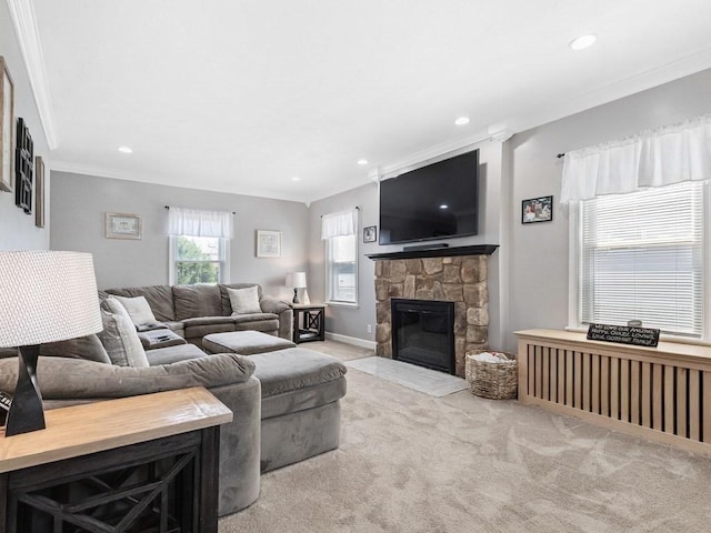 55 Bruce Rd, Waltham, MA 02453 - living area featuring ornamental molding, carpet floors, recessed lighting, a fireplace, and baseboards