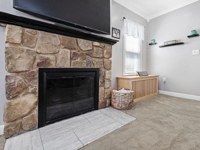 55 Bruce Rd, Waltham, MA 02453 - detailed view of crown molding, a fireplace, baseboards, and carpet