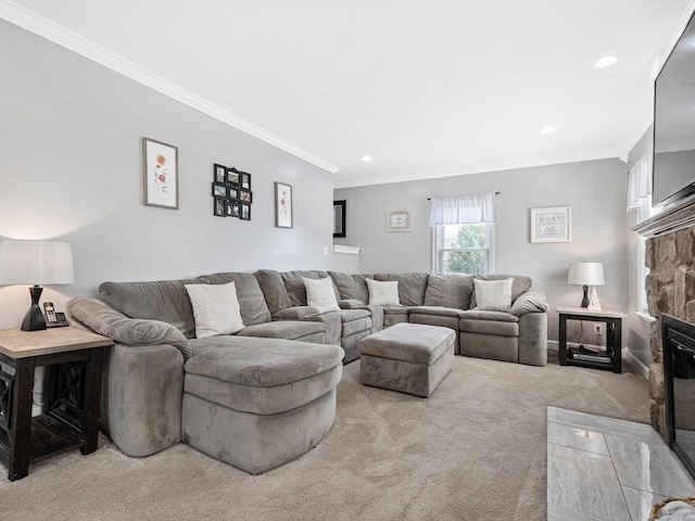 55 Bruce Rd, Waltham, MA 02453 - living room featuring light carpet, crown molding, a fireplace, and recessed lighting