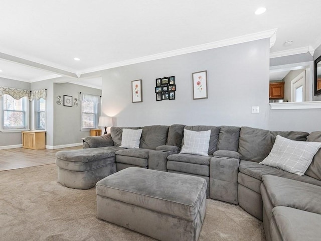55 Bruce Rd, Waltham, MA 02453 - living room featuring recessed lighting, crown molding, baseboards, and light carpet