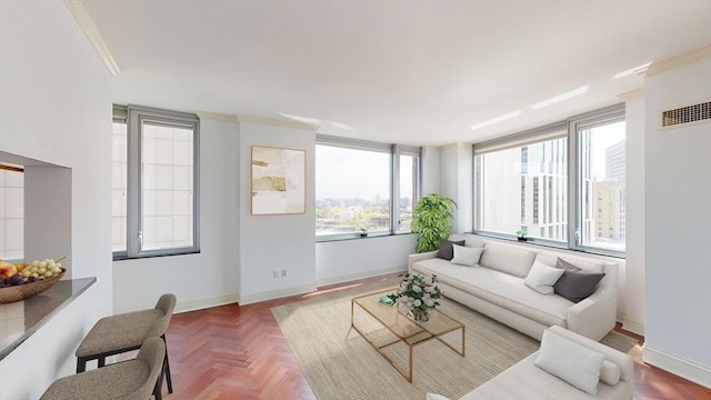 living room featuring a healthy amount of sunlight, parquet floors, and ornamental molding