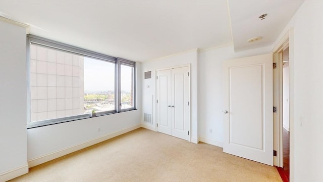 unfurnished bedroom featuring light colored carpet and a closet