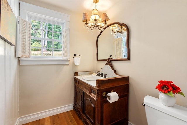 bathroom with vanity, wood-type flooring, and toilet