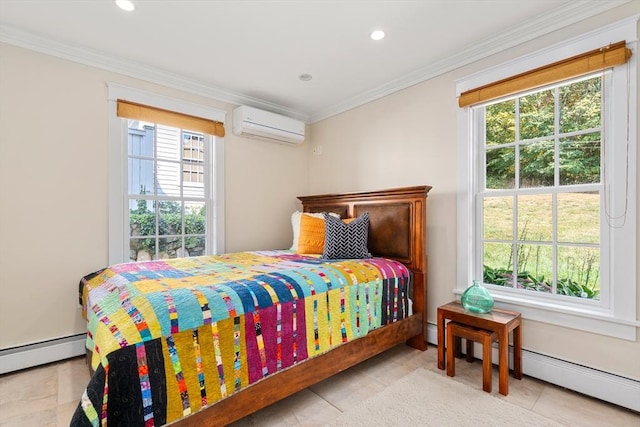 bedroom with baseboard heating, ornamental molding, and a wall mounted AC