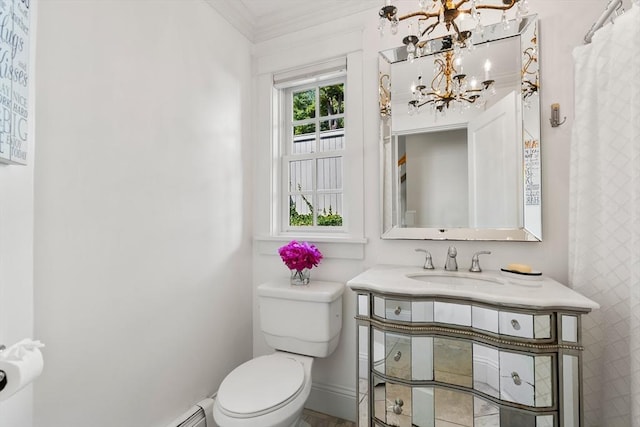 bathroom featuring a baseboard heating unit, vanity, ornamental molding, toilet, and a chandelier