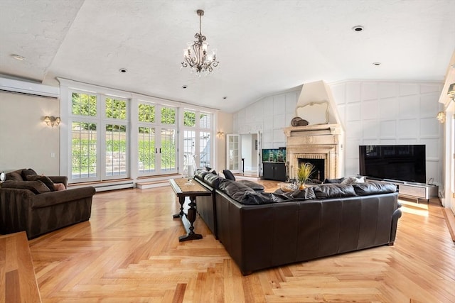 living room with lofted ceiling, a fireplace, a wall unit AC, and light parquet floors