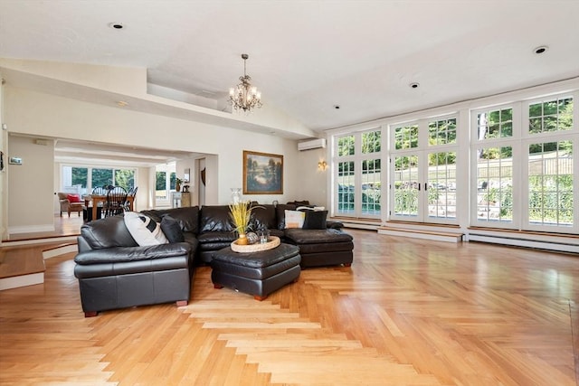 living room featuring a wall mounted air conditioner, high vaulted ceiling, a baseboard radiator, a notable chandelier, and light parquet flooring