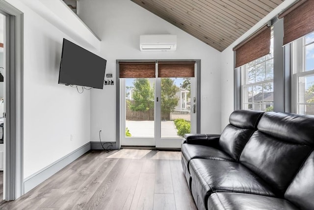 242 Old Wharf Rd Unit B4, Dennis, MA 02639 - living room with a wall unit AC, plenty of natural light, high vaulted ceiling, wood finished floors, and wooden ceiling