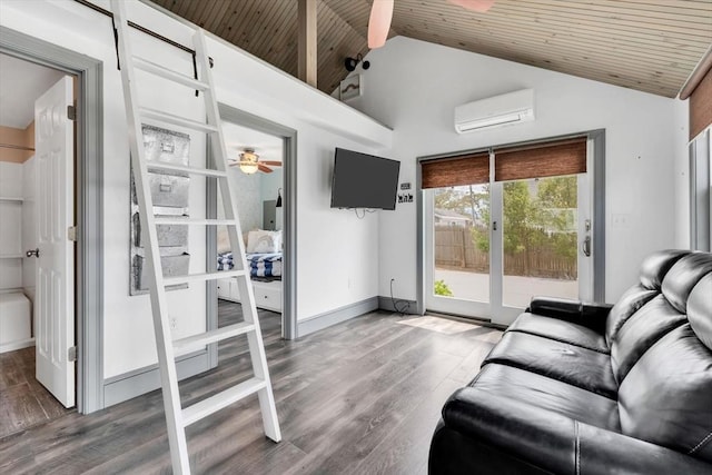 242 Old Wharf Rd Unit B4, Dennis, MA 02639 - living room with a wall unit AC, ceiling fan, wood ceiling, wood finished floors, and high vaulted ceiling
