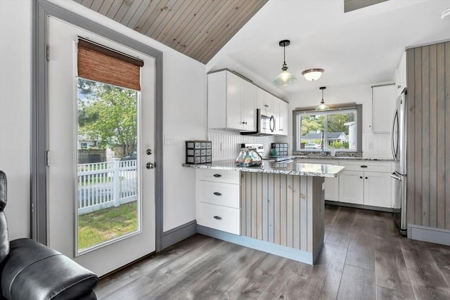 242 Old Wharf Rd Unit B4, Dennis, MA 02639 - kitchen featuring stainless steel appliances, a peninsula, lofted ceiling, dark wood-type flooring, and light stone countertops
