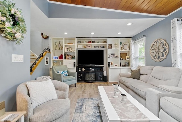 65 Holten St, Danvers, MA 01923 - living area featuring light wood-type flooring, stairs, wood ceiling, lofted ceiling, and recessed lighting
