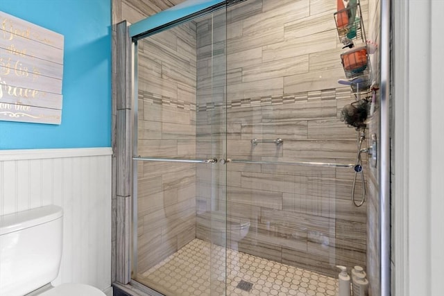 65 Holten St, Danvers, MA 01923 - bathroom featuring wainscoting, toilet, and a shower stall