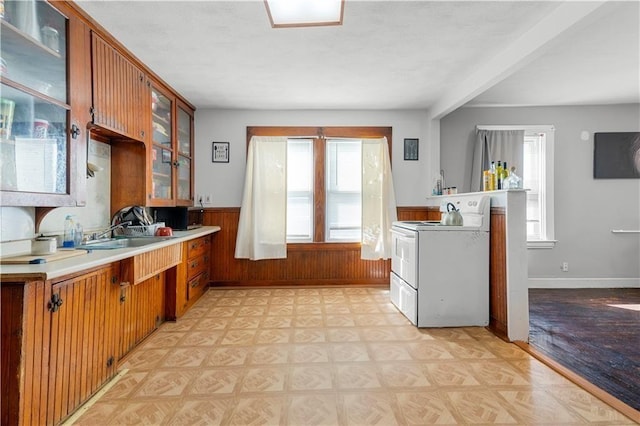 75 Winthrop Ave, West Warwick, RI 02893 - kitchen featuring white electric stove, a sink, a wainscoted wall, light countertops, and wood walls