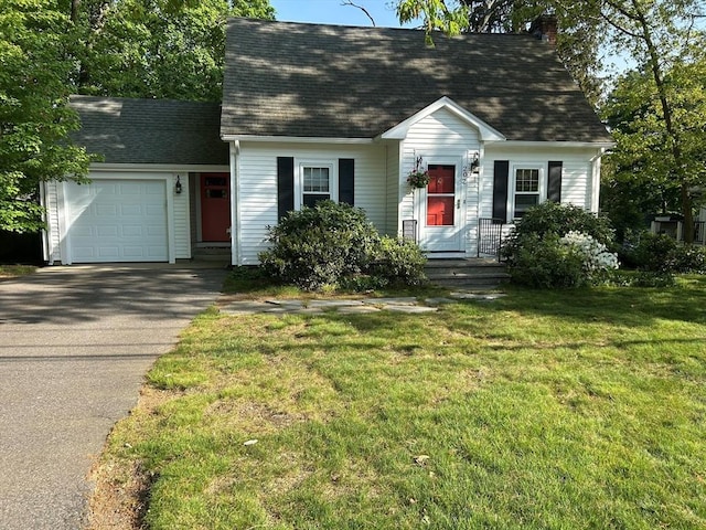 202 Madison St, Dedham, MA 02026 - cape cod-style house with a garage, roof with shingles, driveway, a front yard, and a chimney