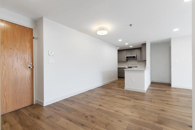 kitchen with light hardwood / wood-style floors and kitchen peninsula