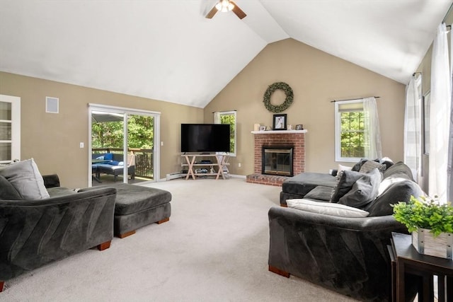 carpeted living room featuring a brick fireplace, visible vents, vaulted ceiling, and ceiling fan