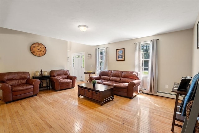 living area featuring light wood-style floors and baseboard heating