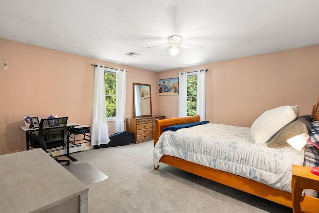 bedroom featuring carpet, visible vents, ceiling fan, and baseboard heating