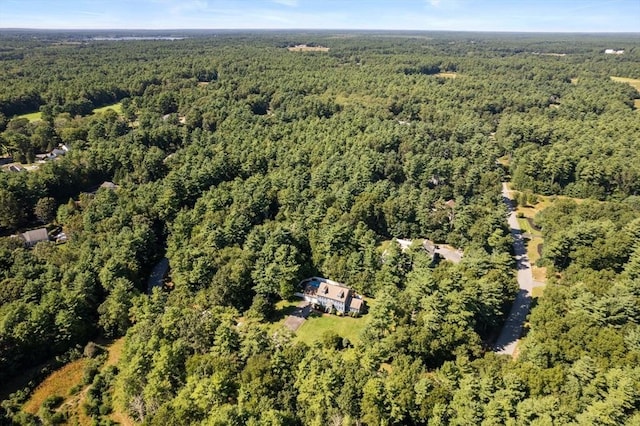 bird's eye view with a wooded view