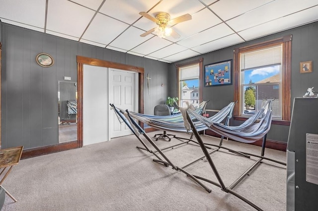 carpeted office space featuring ceiling fan and a drop ceiling