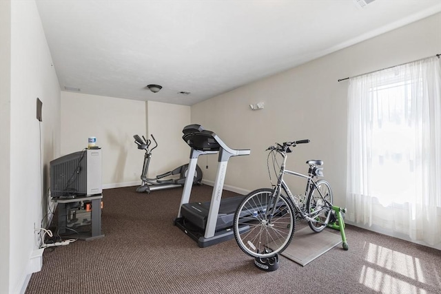 workout area with carpet flooring, baseboards, and visible vents