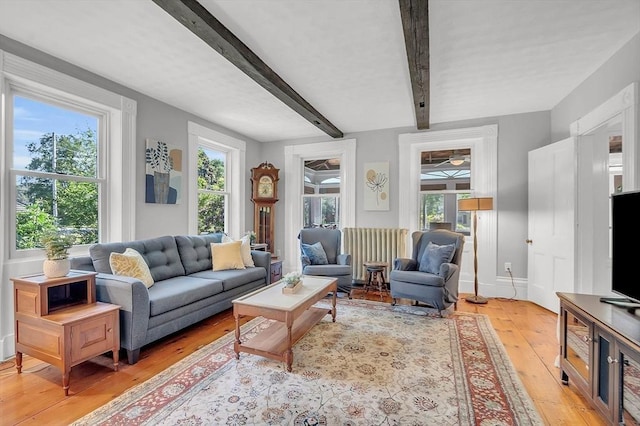 living area with light wood-type flooring, plenty of natural light, beamed ceiling, and baseboards