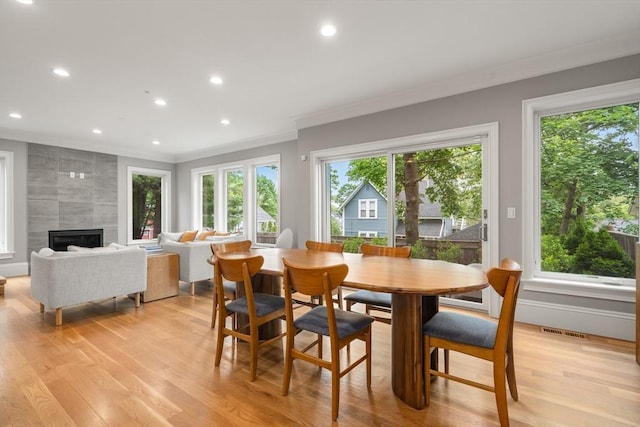 2 Rockwood Ter Unit 2, Newton, MA 02466 - dining space with crown molding, light wood finished floors, recessed lighting, and a tiled fireplace