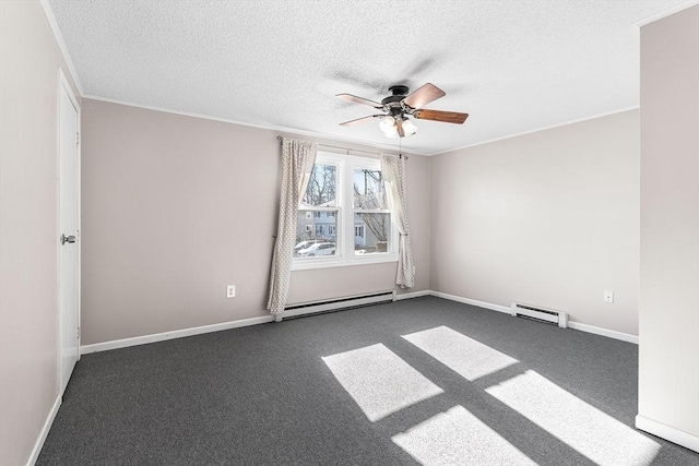 empty room featuring baseboard heating, a ceiling fan, and a textured ceiling