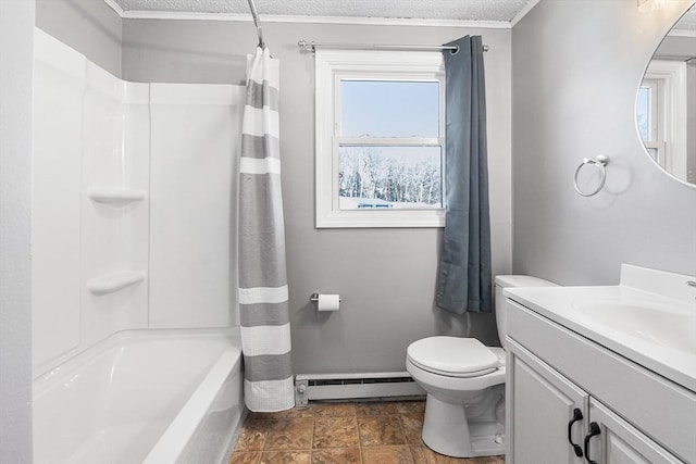 full bathroom with toilet, vanity, a textured ceiling, and a baseboard heating unit