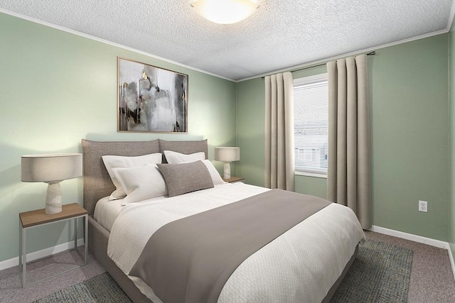 carpeted bedroom featuring a textured ceiling, crown molding, and baseboards