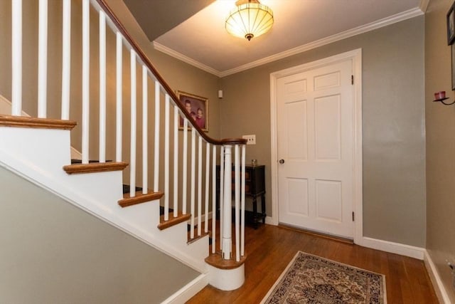 foyer featuring dark hardwood / wood-style floors and crown molding