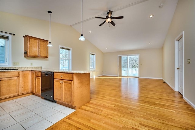 kitchen with brown cabinets, pendant lighting, black dishwasher, open floor plan, and a peninsula