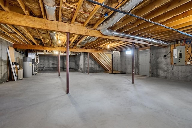 unfinished basement featuring electric panel and water heater