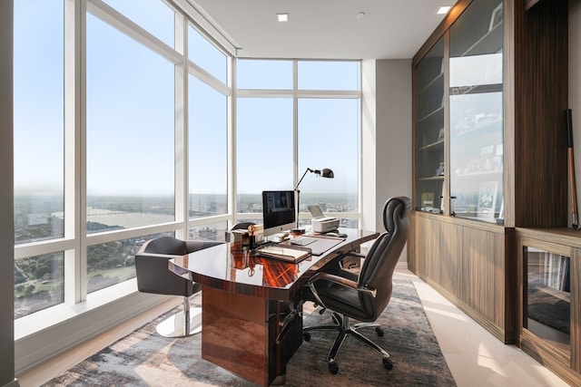 home office with floor to ceiling windows